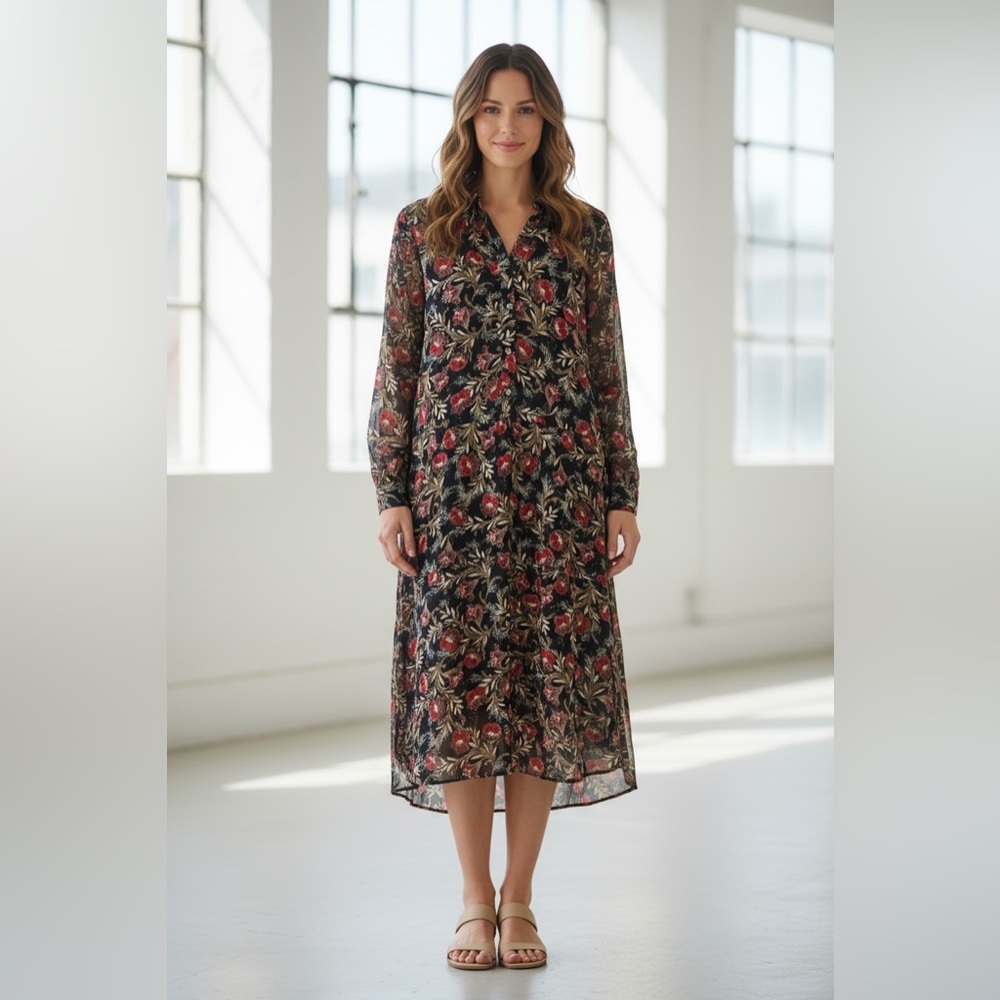 J. Jill Semi Sheer Floral Modest Shirt Dress Women’s Size Large - Picture 2 of 9